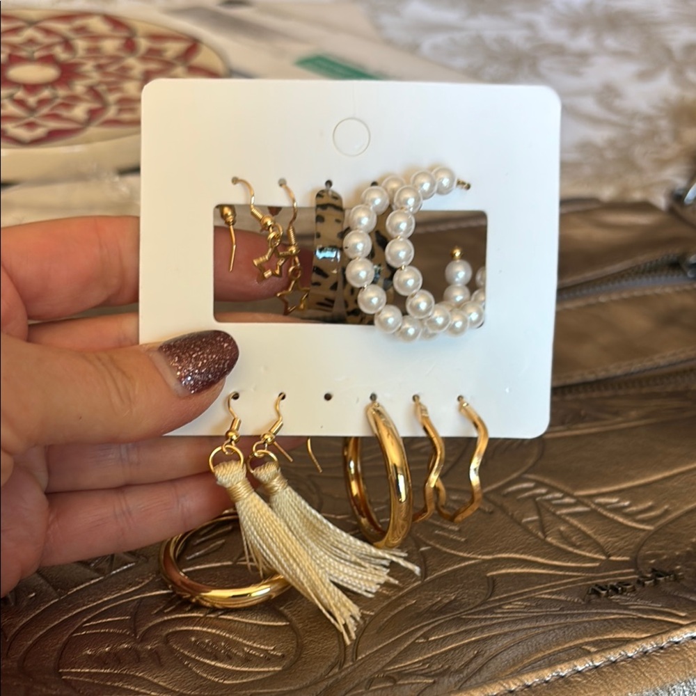 6 pairs of Gold and Pearl Earring Set ~